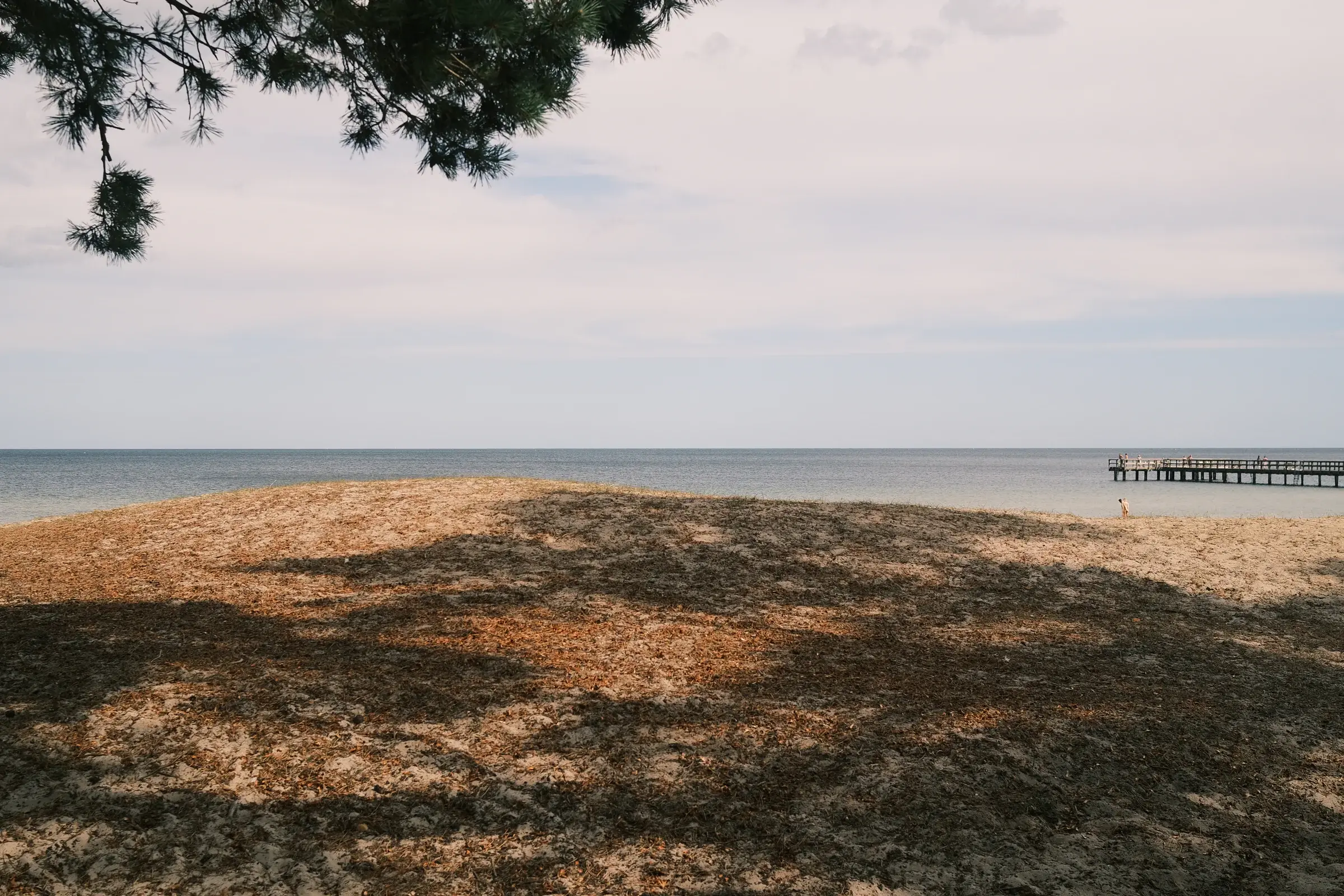 Rocky sandy beach with sea and a small dock in the distance under a cloudy sky.