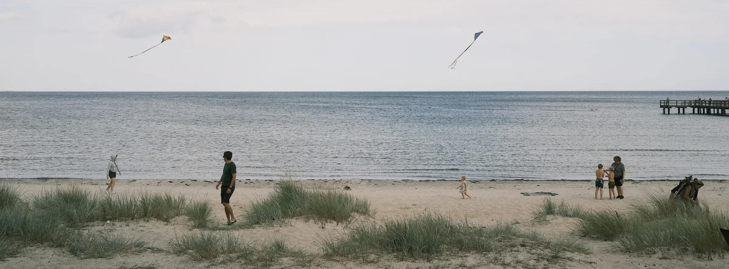 People walking on a sandy beach near the ocean, with kites flying overhead.